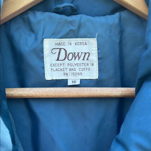 Down Blue Quilted Women's Long Coat Vintage Winter Blue Puffer 80s Rare size 16 - Picture 3 of 16